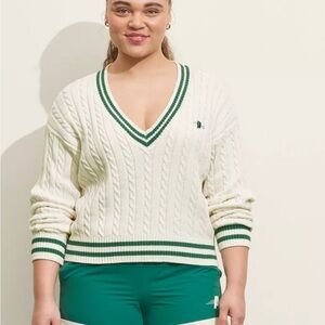 Prince Women's V-Neck Cable Knit Sweater - Cream and Green